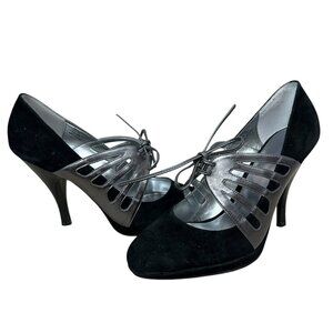 Calvin‎ Klein Lace Up Heels Pumps Retro Pinup Sz 8M Black Silver Suede Leather